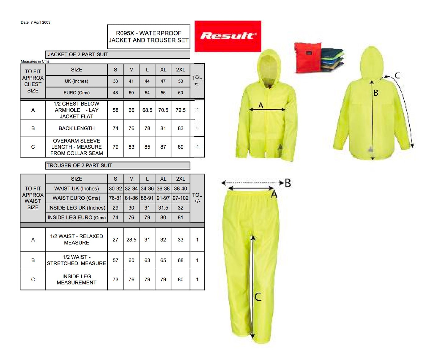Regenanzug RT95 Jacke und Hose Set Regen Anzug wasserdicht